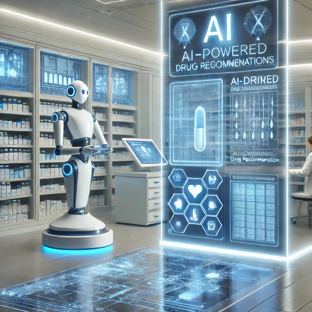 DALL·E 2025-02-18 10.12.25 – A futuristic AI-powered pharmacy with robotic arms dispensing medicine, digital screens displaying AI-driven drug recommendations, and a sleek, high-t